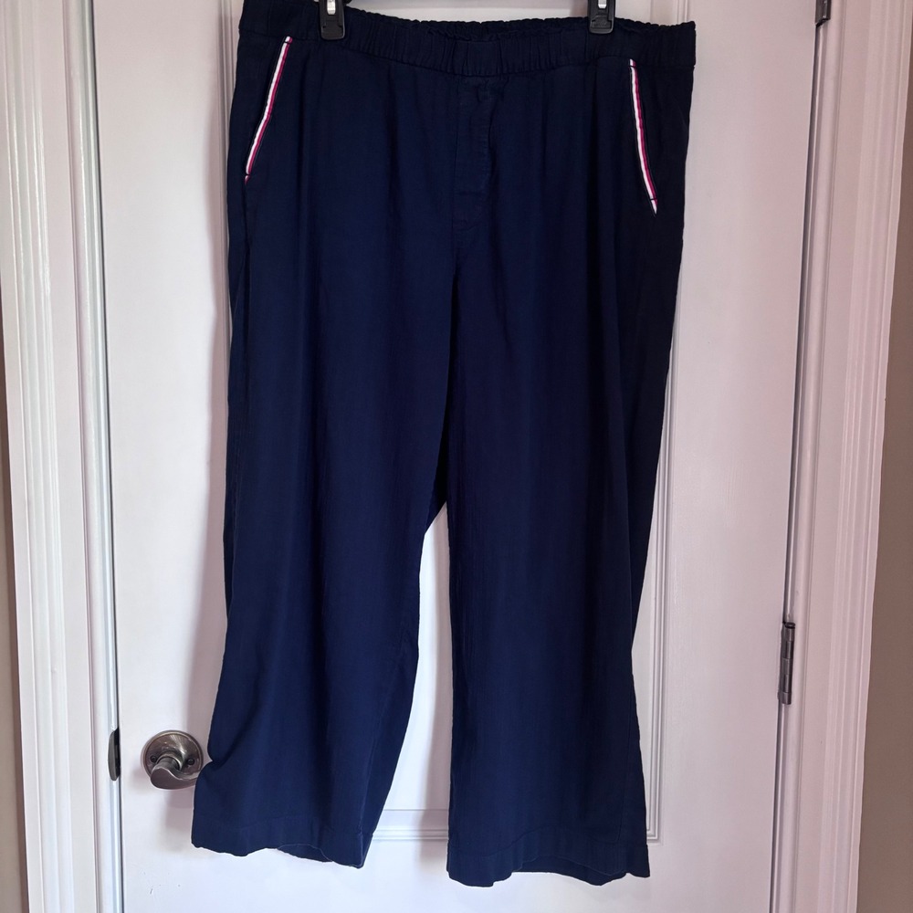 Tommy Hilfiger Womens Navy Blue Wide Leg Elastic Waist Pants XL Striped Trim - Picture 1 of 9